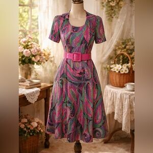 Vintage 1970s Home Sewn Vibrant Multicolor Polka Dot Midi Day Dress